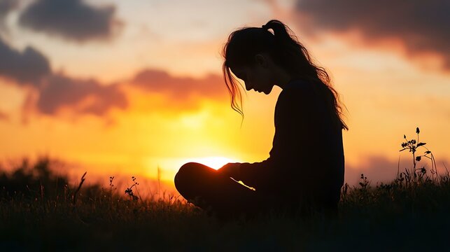 Christian Woman Sitting Down in Prayer Silhouette. A silhouette of a young Christian woman is bowing her head in prayer, and desperation outside during sunset.