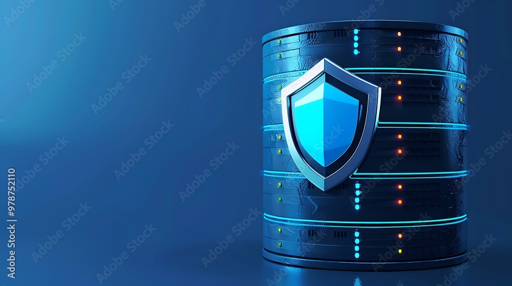 Poster stylish data storage unit with a digital shield, symbolizing data security and protection in a moder