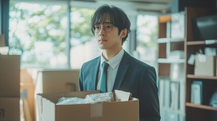 Male office worker carrying his personal belongings in a cardboard box. The concept of quitting a job, being fired and looking for a new job
