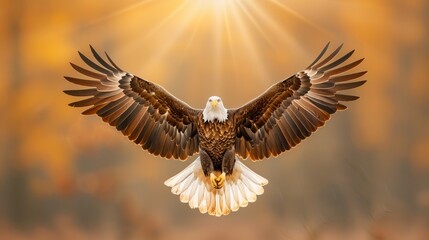 Obraz premium Majestic bald eagle flying with wings spread wide, illuminated by a golden sunlight background.