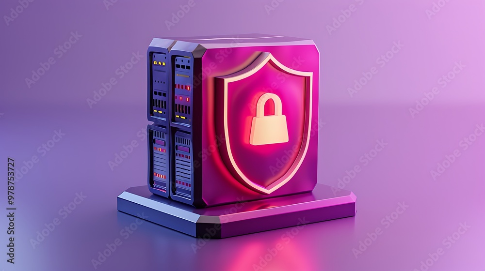 Poster stylish server with illuminated shield icon symbolizing cybersecurity and data protection in a futur