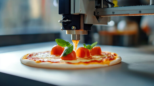 Close up of 3D printer creating slice of pizza with fresh ingredients