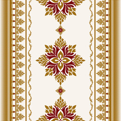 Classic damask ethnic geometric pattern samless gold and red on a light gray background. Native fabric, tiles, rugs