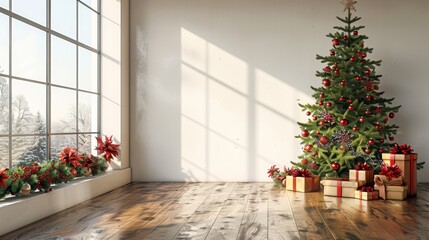 Cozy home interior decorated for Christmas with a tree, presents, and natural light streaming in windows banner