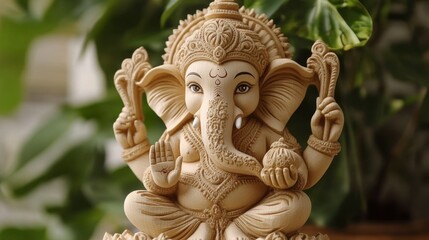 Sustainable Ganesha idol made from organic materials, celebrating spirituality in harmony with the environment.