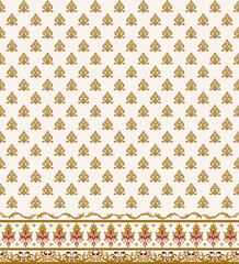 Classic damask ethnic geometric pattern samless gold and red on a light gray background. Native thai fabric, tiles, rugs, shirts	