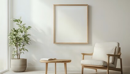 A minimalistic living room with a wooden armchair, a small table, a houseplant, and a framed blank canvas.