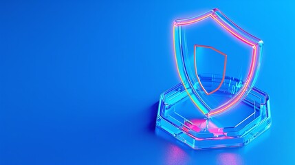 Stylized neon shield on a blue background representing security, protection, and digital safety in modern design.