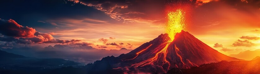 Obraz premium A breathtaking view of an erupting volcano against a stunning sunset, showcasing nature's raw power and beauty.