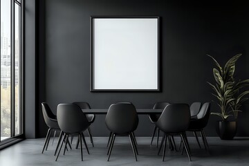 Modern dining room with black chairs, a large black framed artwork, a potted plant, and a window overlooking a city skyline.