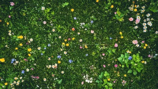Top view of a lush green grass field with vibrant wildflowers scattered across, perfect for spring and summer designs.