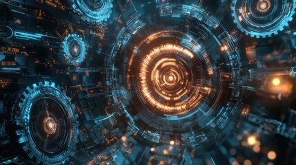 A visual representation of tech processes with digital gears and circuits interlocking in a high-tech digital space