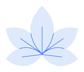 A simple design of a blue flower with five broad petals and thin lines extending from the center. The petals are symmetrically arranged around the central point, emitting a calm and serene vibe. Ideal