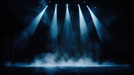 A dramatic scene with powerful stage lights illuminating a foggy backdrop, perfect for performances and theatrical presentations.