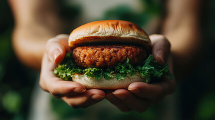 Hands holding lab grown burger patty with fresh lettuce, showcasing innovation and sustainability