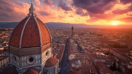 Fototapeta premium Marvel at Florence's sunset-lit dome, vibrant frescoes, and charming streets against Tuscan hills.