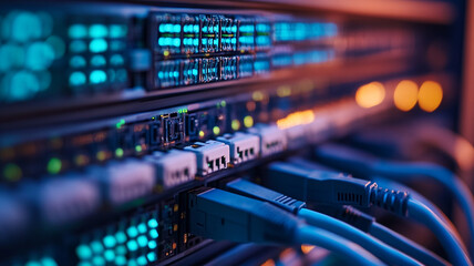 Close-up view of network servers with cables during data transmission in a modern data center