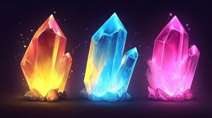 Vector illustration of glowing magic crystals in pink, yellow, and blue, perfect for fantasy game UI designs.