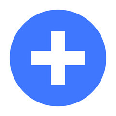 Blue circle with a white cross symbol. Ideal for healthcare, emergency services, medical apps, hospital signage, first aid. Simple and clean style.