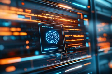 A futuristic digital screen displaying a chatbot interface with a blue brain icon and flowing data lines in the background of a high-tech server room. The interface features text welcoming users to a