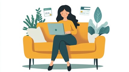 Asian woman on a sofa uses a laptop and credit card to shop online, making a purchase and payment for her business.