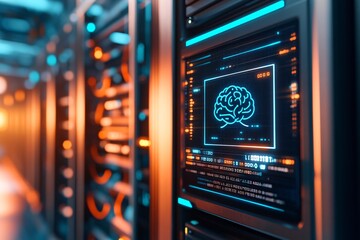A futuristic digital screen displaying a chatbot interface with a blue brain icon and flowing data lines in the background of a high-tech server room. The interface features text welcoming users to a