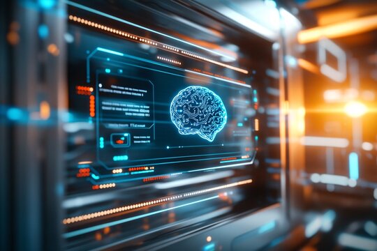 A futuristic digital screen displaying a chatbot interface with a blue brain icon and flowing data lines in the background of a high-tech server room. The interface features text welcoming users to a