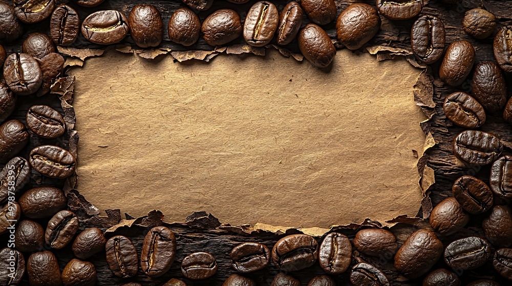Poster Round Frame from Coffee Beans on the Rustic Brown Paper Background : Generative AI