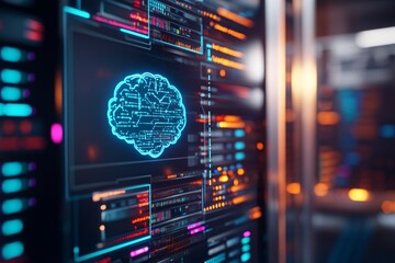 A digital screen featuring a chatbot interface with a blue digital brain symbol in front and data cables in the server room behind it. Futuristic graphs and code elements overlay the screen.