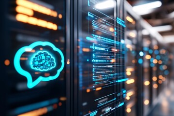 A digital screen featuring a chatbot interface with a blue digital brain symbol in front and data cables in the server room behind it. Futuristic graphs and code elements overlay the screen.