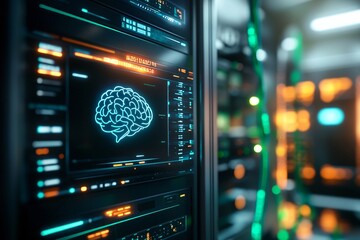 A futuristic AI chatbot interface is displayed on a digital screen with a blue brain icon and a sleek server room in the background. Green data streams run through the wires behind it.