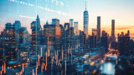 Fototapeta premium New York City skyline at sunset with a transparent forex chart overlay, symbolizing global financial markets and trading.