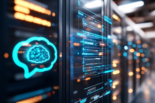 A digital screen featuring a chatbot interface with a blue digital brain symbol in front and data cables in the server room behind it. Futuristic graphs and code elements overlay the screen. - Powered by Adobe