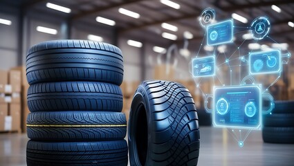 auto repair shop with warm lighting. Tires in room. Concept of auto parts, rubber