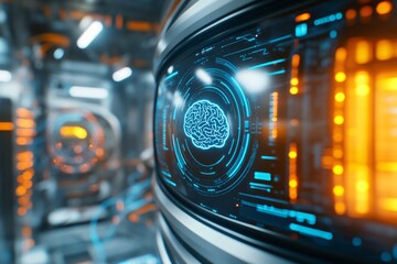 A large sci-fi themed digital display shows a chatbot interface with an abstract brain icon in blue. In the background, a futuristic server room with glowing data cables and technology infrastructure