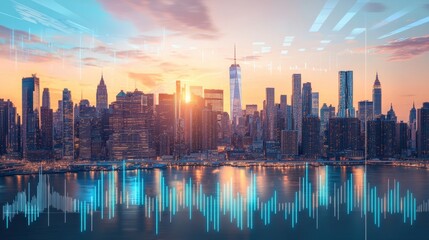 Obraz premium New York City skyline with a forex chart overlay in the foreground, representing the city's role as a global financial hub.