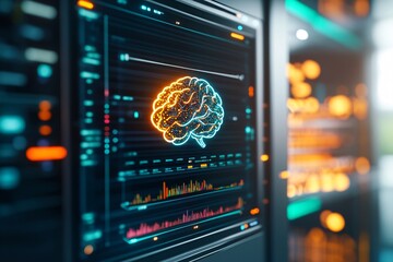 An AI interface on a digital screen with a hologram-style brain icon and data flowing through a futuristic server room. The background showcases cutting-edge technology infrastructure.