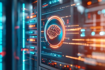 An AI interface on a digital screen with a hologram-style brain icon and data flowing through a futuristic server room. The background showcases cutting-edge technology infrastructure.