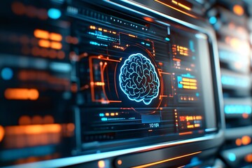 An AI interface on a digital screen with a hologram-style brain icon and data flowing through a futuristic server room. The background showcases cutting-edge technology infrastructure.