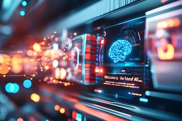 A digital display in a high-tech server room presents a chatbot interface with a blue brain symbol and the message "Welcome to the future of AI." The scene includes glowing data streams and coding