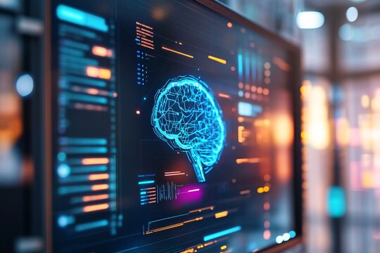 A digital screen in a server room showcases an AI chatbot with an illustration of a blue brain and flowing data lines. The screen is framed by technology and coding graphics.