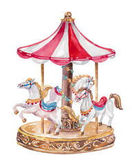 Vintage Christmas toy carousel with horses. Hand drawn watercolor illustration isolated on white © Eva Kleinman