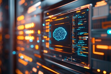 A futuristic screen displaying an AI chatbot interface with a blue brain icon, set against the backdrop of a server room with flowing data lines and coding visuals.
