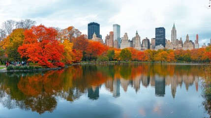 Obraz premium Autumnal Central Park panorama captures the vibrant fall foliage of Manhattan's iconic park, showcasing the city's beauty during this picturesque season.
