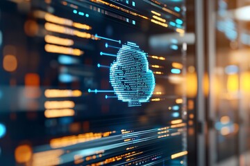 A futuristic screen displaying an AI chatbot interface with a blue brain icon, set against the backdrop of a server room with flowing data lines and coding visuals.