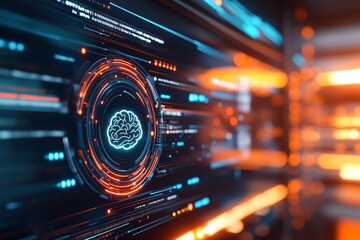 Obraz premium A digital display showing an AI chatbot interface with a holographic brain icon. Behind it, a futuristic server room with glowing data cables is featured.