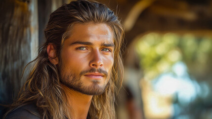 Handsome young man with long hair and beard is posing outdoors in a sunny day