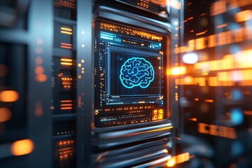 Obraz premium A sci-fi themed digital screen with an AI interface and a blue brain icon is displayed, set against a server room filled with glowing data cables and coding visuals.