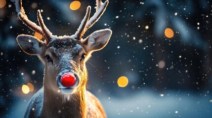 A festive reindeer with a bright red nose surrounded by softly falling snow and twinkling lights, capturing the spirit of winter.