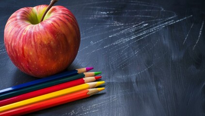 Apple and colored pencils on a table against a vintage chalkboard, learning and the joys of a new academic school term year. Education student and healthy lifestyle